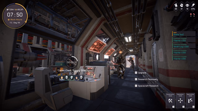 A first-person view of a supply-ship console with nearby characters and keyboard prompts.