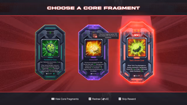 The Choose a Core Fragment screen shows three equipment-effect cards.