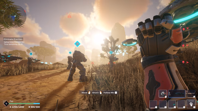 Soldiers advance across an open alien landscape toward marked enemies.