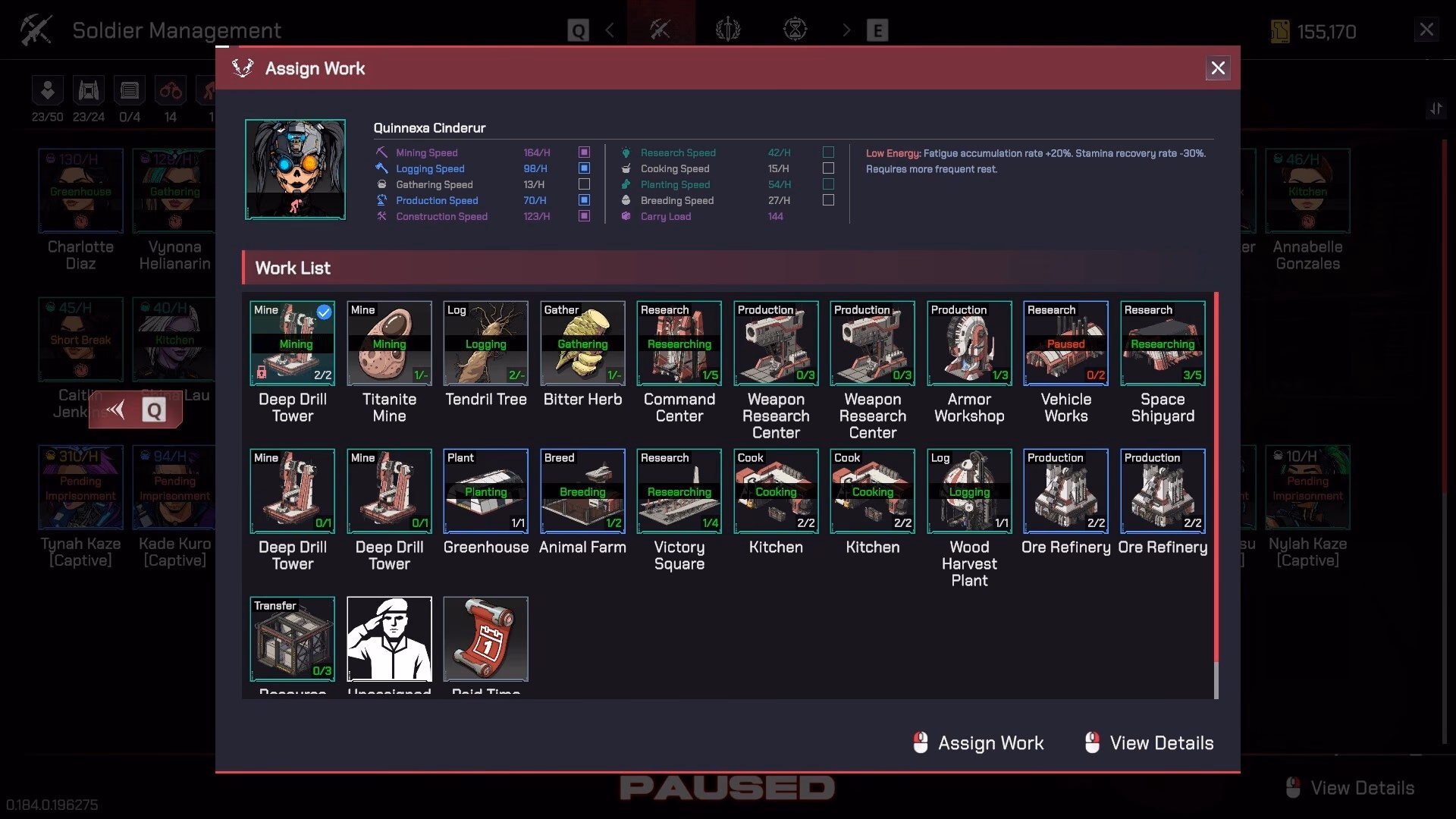 The Assign Work panel shows one citizen's work speeds and colony jobs, including Breeding.