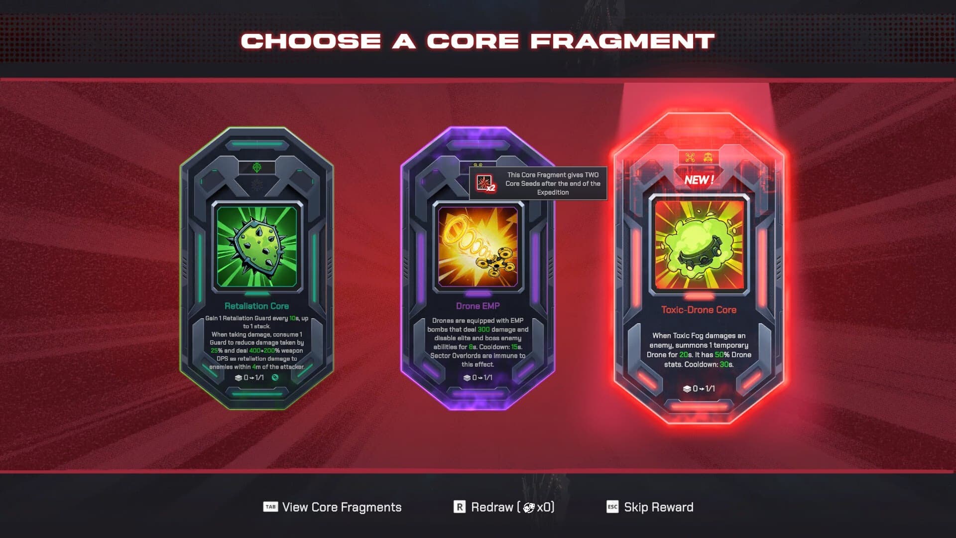 The Choose a Core Fragment screen shows three equipment-effect cards.